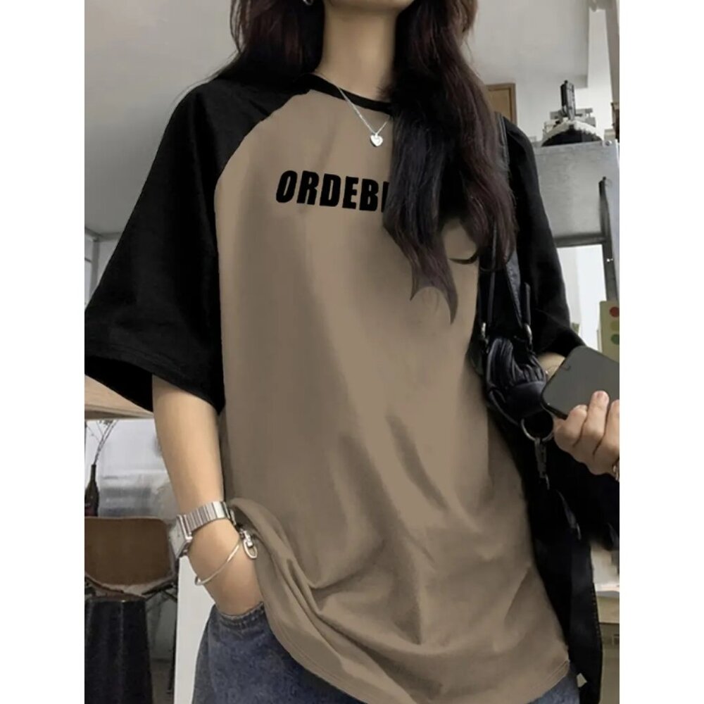 Trendy Color Block Letter Print Raglan Sleeve T-Shirt for Women